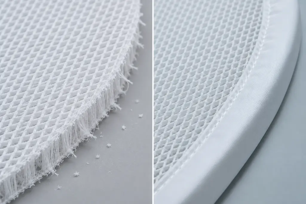 3D Spacer Mesh Cutting Loose Monofilament Fibers and Finished Cushion Edges